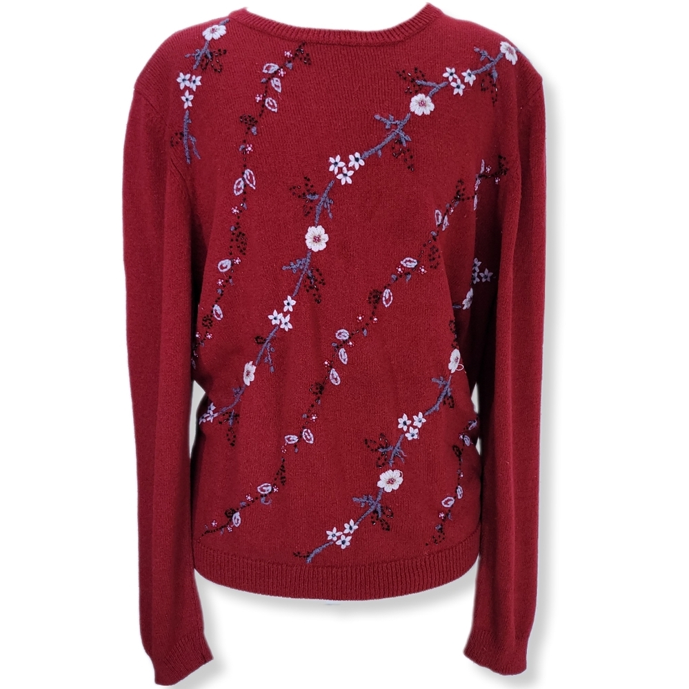 Alfred Dunner Womens L Sweater Red Floral Embroidered Beaded Scoop Neck Pullover